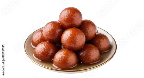 Plate of Indian gulab jamun dessert, sweet dumplings in syrup