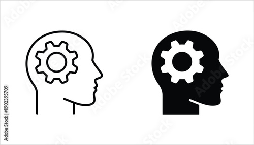 Head profile with gear inside, outline and silhouette icons