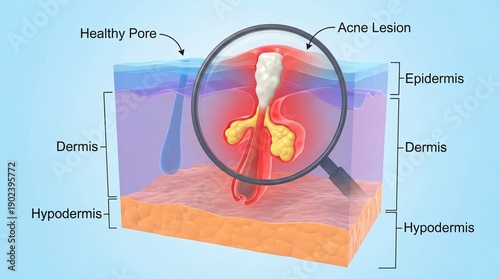Acne lesion skin cross section showing healthy pore epidermis dermis hypodermis inflamed area damaged cells and clogged pore with sebum under magnification