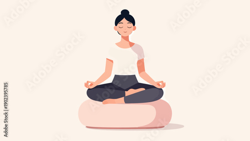 A woman is sitting on a pillow and meditating. Concept of calmness and relaxation