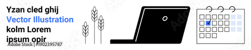 Planning, scheduling, technology, agriculture, productivity, business. Black laptop, a detailed calendar with a date marked and wheat stalks. Planning and scheduling in agriculture and business