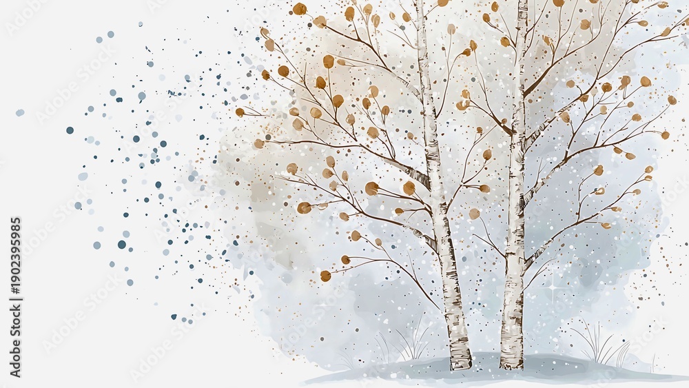 Fototapeta premium Watercolor painting of two birch trees with a soft, dreamy aesthetic, evoking a sense of calm and natural beauty