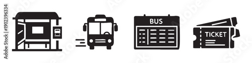 Icons related to public transportation including bus stop, bus, schedule, and ticket