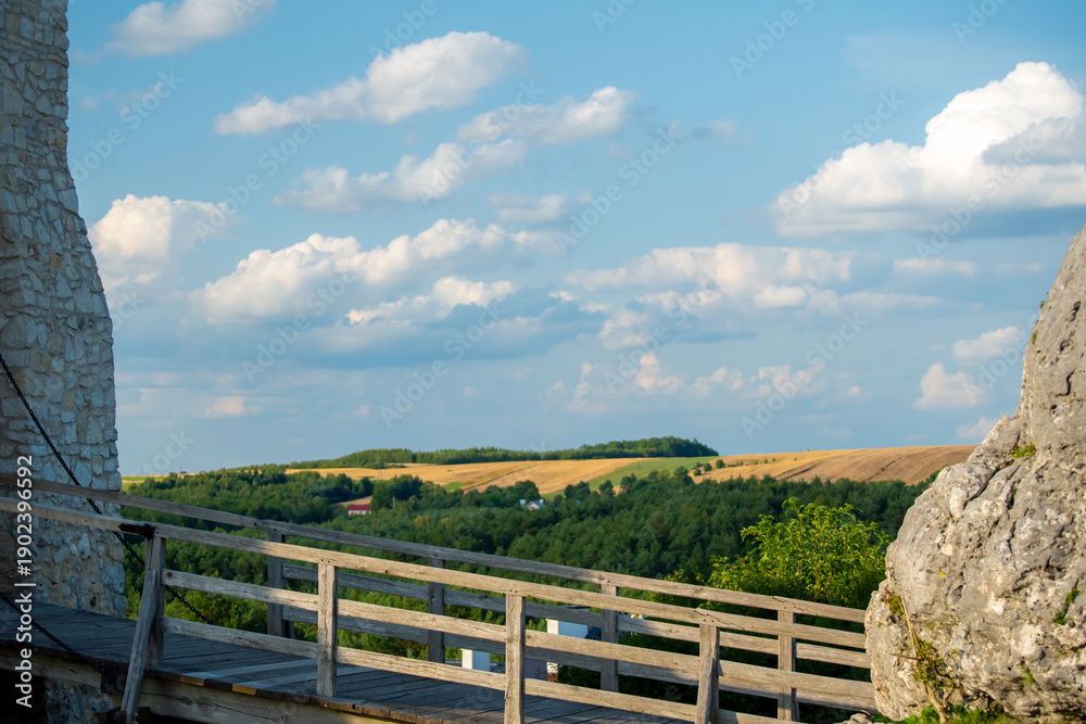 Fototapeta premium medieval castle bridge overlooking green hills and summer sky