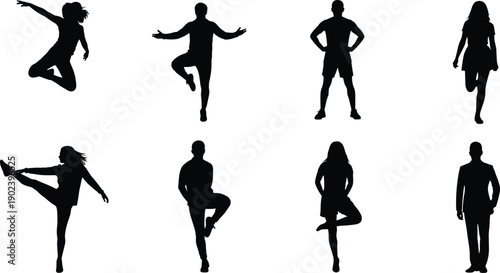 People silhouettes performing fitness exercises and standing poses, human activity collection, isolated black vector illustration for sport, training, and lifestyle design