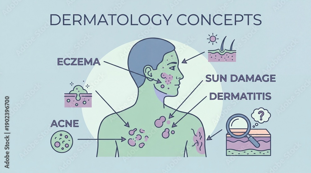 Obraz premium Dermatology concepts illustration showing eczema, sun damage, dermatitis, and acne on human skin, highlighting various skin problems with labeled diagrams and medical icons