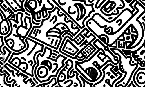 Hand drawn black and white doodle monster pattern background. various quirky monsters.