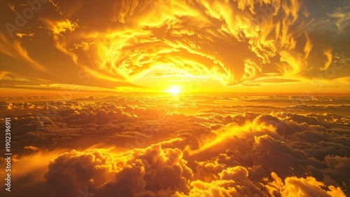 A vibrant sunset paints the sky with fiery golds and yellows, illuminating clouds below