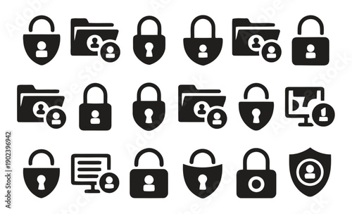 Icons representing digital security, user access, and file protection