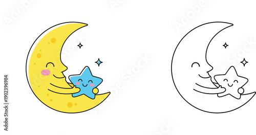 Kawaii Cute Crescent Moon Hugging a Smiling Star Illustration and Line Art Vector Set for Kids Nursery Decor, Bedtime Stories, and Children Coloring Book Pages