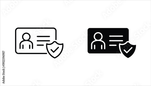 ID card with shield and checkmark icon outline and solid black