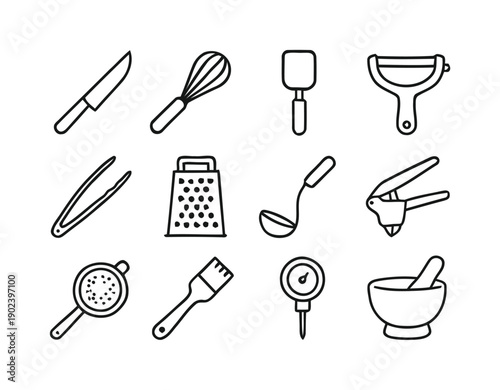 Kitchen utensil icons set, cooking tools and culinary equipment symbols collection