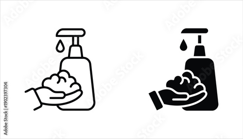 Liquid soap dispenser and hand with foam icon line art and filled silhouette