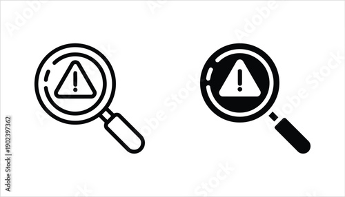 Magnifying glass with warning triangle and exclamation mark icon set outline and fill styles