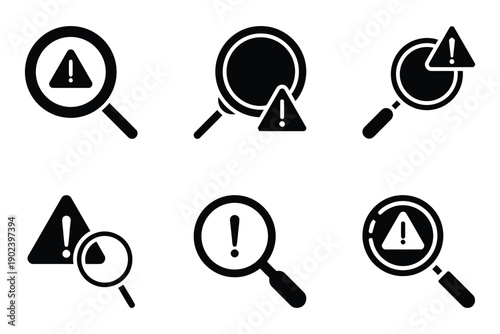 Magnifying glass with warning triangle and exclamation mark icon set outline and fill styles