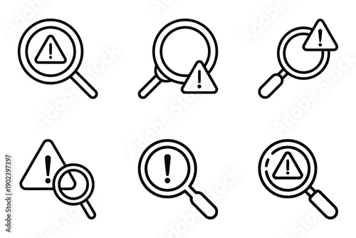 Magnifying glass with warning triangle and exclamation mark icon set outline and fill styles