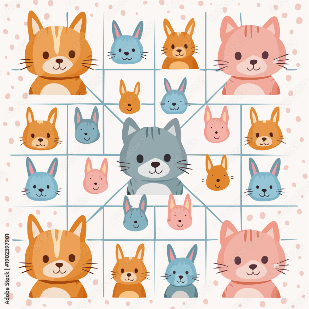 Fototapeta premium Cute cartoon animals faces in colorful grid pattern