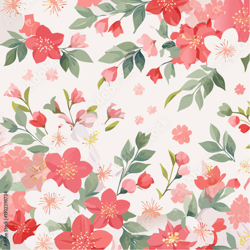 Vibrant floral pattern with pink and white flowers and green leaves
