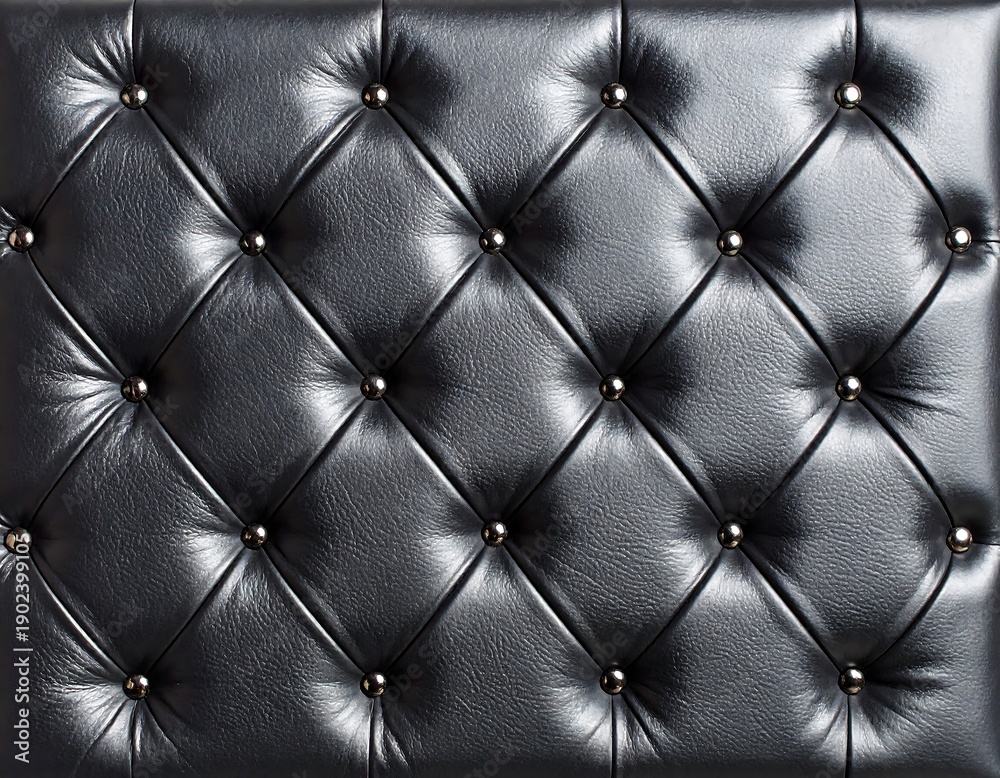 Fototapeta premium Close-up of black, tufted, diamond-patterned upholstery. Shiny metal buttons sink into a slightly textured leather surface. Elegant, luxurious design