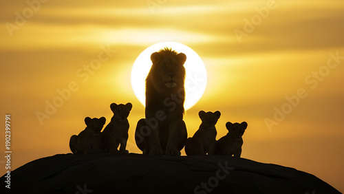Silhouette of male lion with cubs on hill at sunset, dramatic sunlight, family concept, leadership, African wildlife, strength, and nature scene.