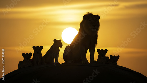 Silhouette of male lion with cubs on hill at sunset, dramatic sunlight, family concept, leadership, African wildlife, strength, and nature scene.
