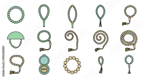 Islamic Prayer Beads Icon Set with Traditional Tasbih and Muslim Prayer Cap