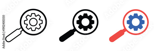 Search Engine Optimization Icon Vector Illustration Featuring Search Magnifying Glass with Gear Symbol, Available in Stroke, Filled, and Colored Styles, Representing