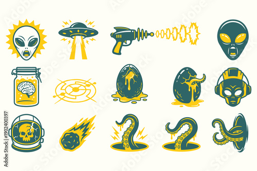 Retro Sci-Fi and Horror Vector Icons Set Aliens, UFOs, and Monsters