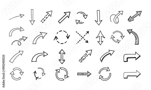 Collection hand drawn arrows. Set simple arrows isolated on white background. Arrow mark icons. Arrow paint. stock vector.