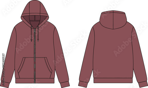 Maroon zip-up hoodie front and back view illustration, casual hooded sweatshirt with drawstring, pocket, ribbed cuffs, modern apparel design