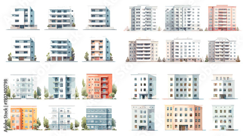 Collection of apartment building facades with balconies and windows. Urban residential architecture designs ideal for city planning real estate graphics and housing presentations.
