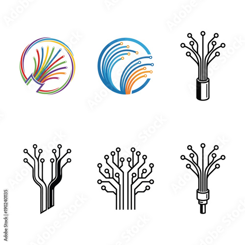 Fiber optic cables and network connection icons in various designs