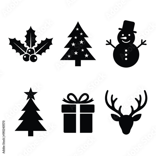Black silhouettes depicting christmas icons tree snowman holly gift and deer