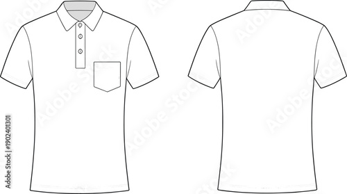 Men’s short sleeve polo shirt with chest pocket front and back view illustration, casual collared apparel modern textile vector design