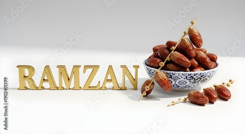 Ramzan Celebration: Dates and festive lettering, the spirit of Ramzan is captured in a captivating arrangement, showcasing the delicious dates symbolizing the traditions of the month. 