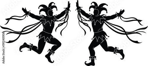 Two black silhouette jesters with jester hats and flowing ribbons dancing against a white background