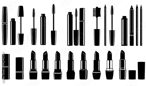 Collection of various cosmetic products including lipsticks, mascaras, and eyeliners arranged neatly, showcasing beauty essentials for makeup enthusiasts and professionals in a stylish layout