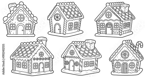 Six whimsical gingerbread houses with unique designs, featuring candy decorations, icing roofs, and charming details, perfect for holiday-themed illustrations and festive projects