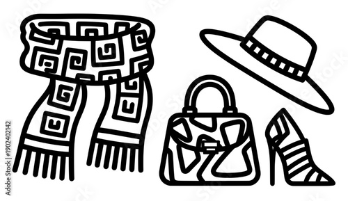 Stylish accessories including a patterned scarf, elegant handbag, wide-brimmed hat, and fashionable high-heeled shoes arranged artistically, showcasing modern fashion trends and lifestyle elements