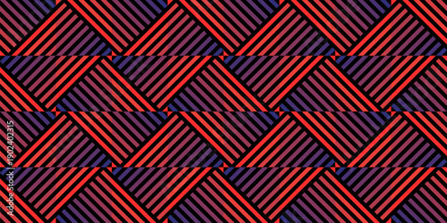 Abstract vector geometric seamless pattern with neon red lines, stripes, triangles, square tiles. Retro y2k sport style urban graphic texture. Trendy funky background. Blue and red gradient design