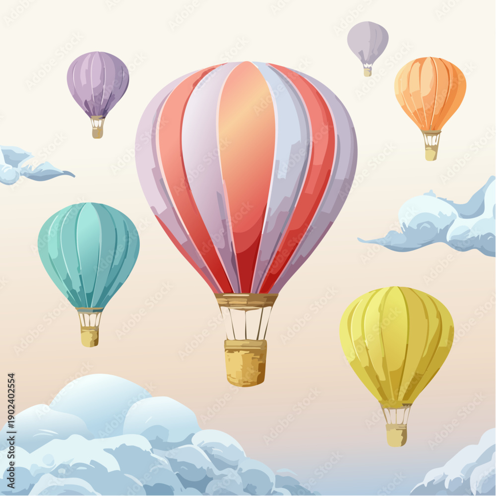 Obraz premium Vibrant hot air balloons soar through sunny sky with fluffy clouds