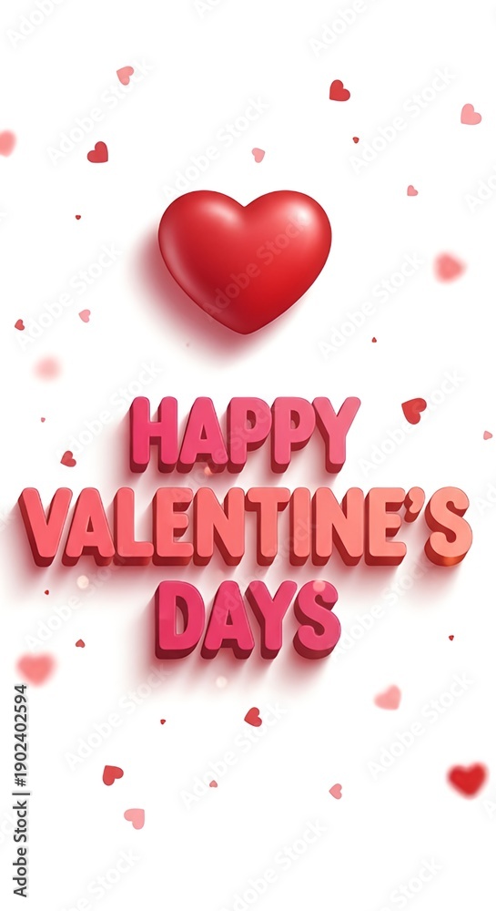 Fototapeta premium Vertical Happy Valentine's Day greeting card with a large 3D red heart and pink typography. Falling confetti hearts on a white background.