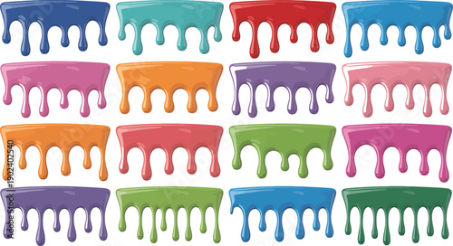 Set of Colorful Glossy Dripping Paint Borders and Liquid Slime Splashes in Blue Red Green and Purple for Creative Frame and Header Design