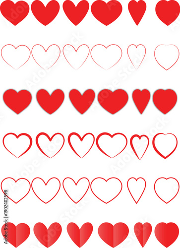 red heart border set love decorative hearts outline filled pattern vector