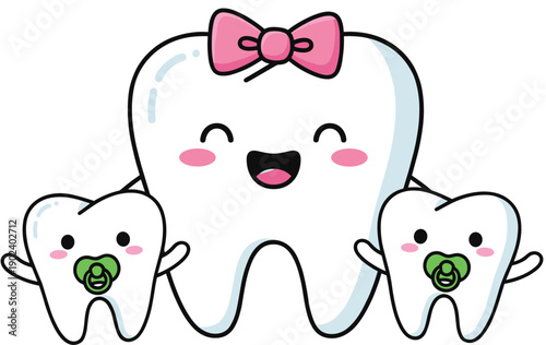 Cute tooth family cartoon illustration with mother and baby teeth smiling pediatric dental care flat vector design