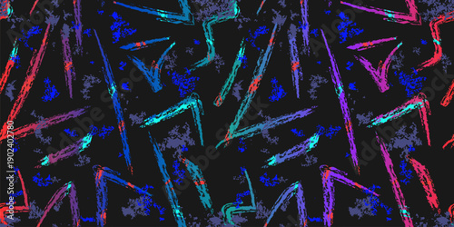 Vector abstract neon sporty seamless pattern. Urban street art style background with grunge shapes, spots, brush strokes, lines. Funky texture with colorful ink stains on black. Trendy repeated design