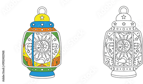 Colorful and outline Ramadan lantern vector illustration. Islamic fanous lamp for coloring book page, Eid Mubarak decoration, and greeting card design.