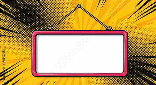 Blank retro pop art sign on a vibrant yellow comic background with halftone d...