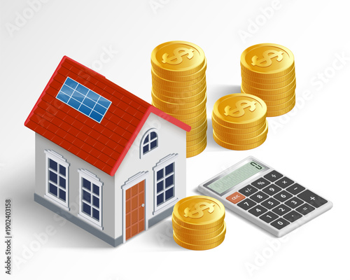 House building model, calculator, and stacks of coins. Household budget and expenses. Isometric 3d isolated on white background. Vector illustration.