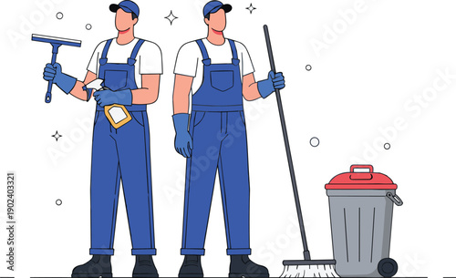 Professional cleaning service workers illustration with janitors holding tools and trash bin flat vector design